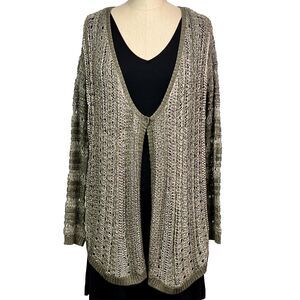 NWT Chico's Kyler Cardigan Metallic Drape Sweater Open Weave Olive Green Size 1